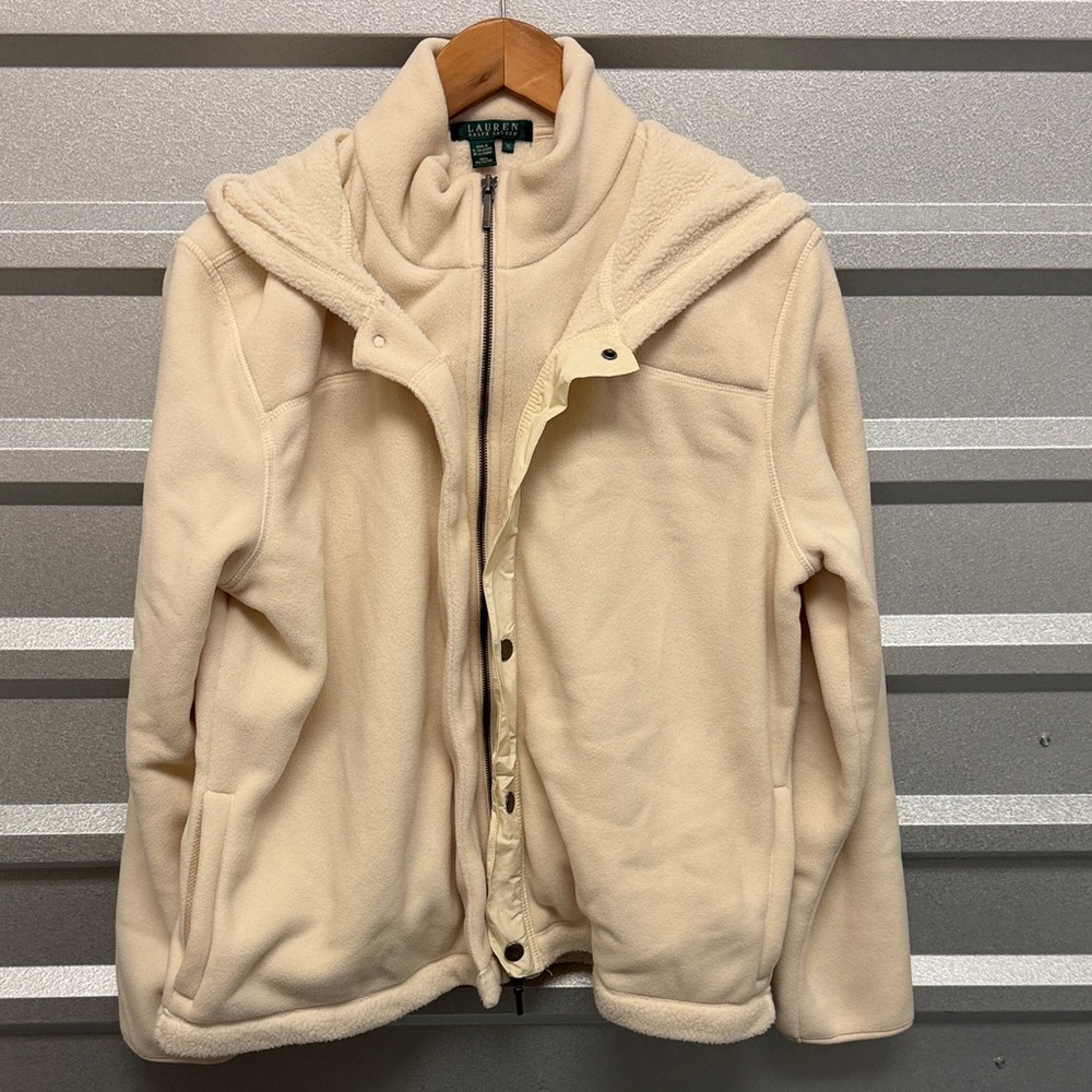 Ralph Lauren Womens Cream Sherpa Fleece Winter Hooded Jacket OUTDOOR XL WARM - Picture 3 of 11